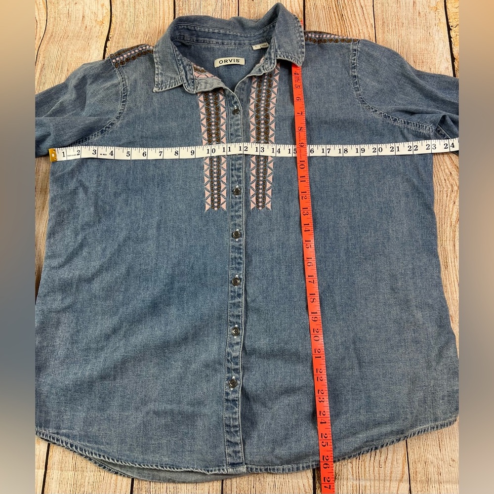 Women's ORVIS Button Up Embroidered Light Denim Shirt Long Sleeve Size Large - Picture 7 of 7